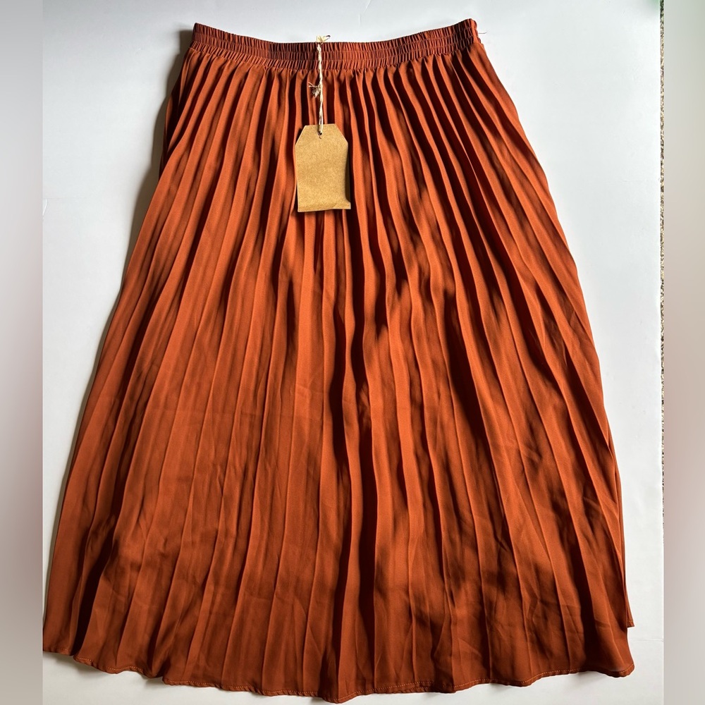 Orange Midi A-Line Pleated Skirt